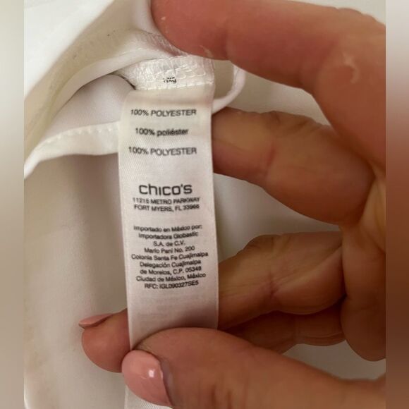 Chico’s white sleeveless v-neck blouse, jabot in front, slits at sides, size 0. - Picture 7 of 7